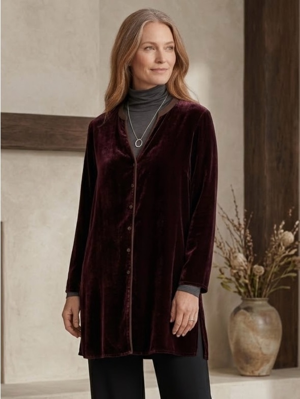VTG Eileen Fisher Burgundy Velvet Tunic Blouse Top Large Fall Autumn Witchy